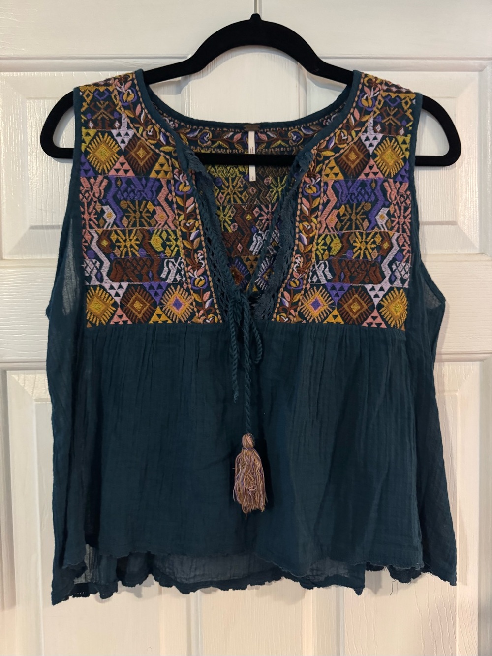 Free People Embroidered Teal Sleeveless Top